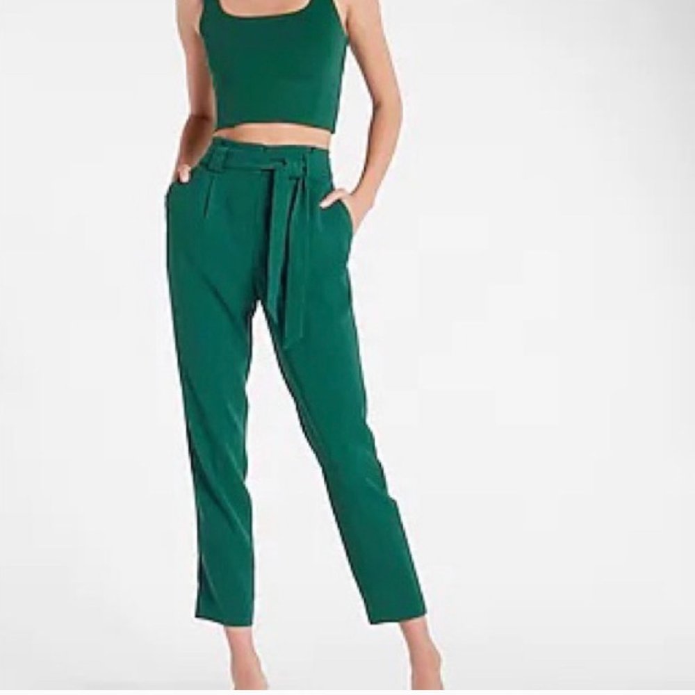 Express Pull On Ankle Mid Rise Pants with Removable Tie in Green XS
